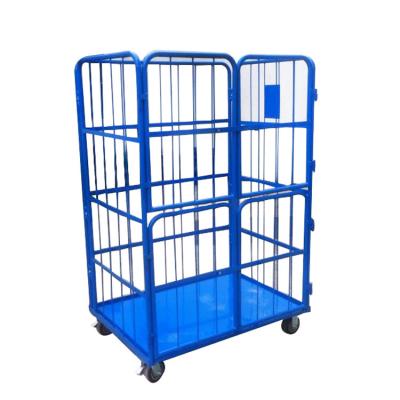 China Warehouse Storage Wheel Set Easy Folding Folding 4 Sides Four Sides Powder Coated Roll Cage Trolley Hand Logistics Steel Trolley for sale