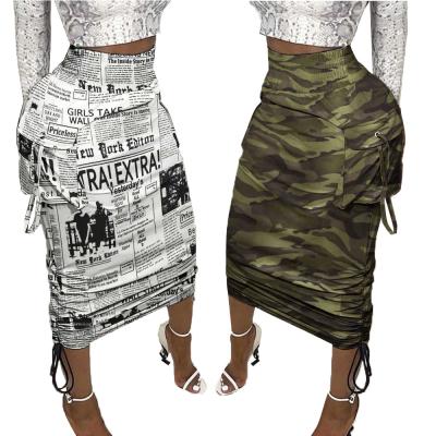 China Breathable Women Army Green And White Newspaper Printed Pure Color High Waist Tie Pencil Skirt for sale