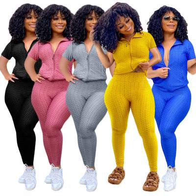 China Workable Short Sleeve Yoga Bubble Cardigan Solid Color Jogging Suit Pants Set 2 Piece Set Women for sale