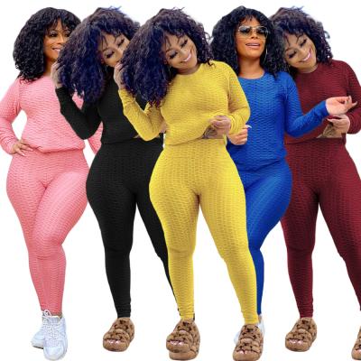 China Anti-Wrinkle Solid Color Pullover Bubble Sleeve Long Yoga Pants Jogging Suit Women 2 Piece Set Clothing for sale