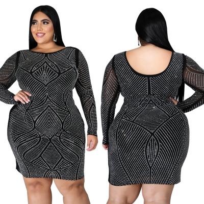 China Fat Millimeter Anti-static Plus Size Nightclub Clothing Fashion Round Neck Hot Drilling Plus Size Dress Dress for sale