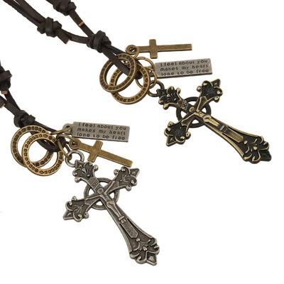 China Adjustable Vintage Leather Cross Pendant Necklace Vintage Jewelry Rope Pendant Leather Necklace for sale