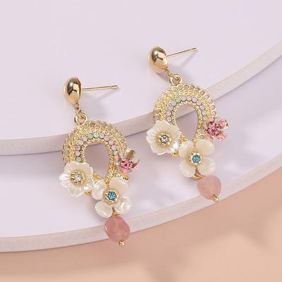 China TRENDY Gold Plated Floral Zircon Pearl Drop Stud Earrings Pierced Jewelry for sale