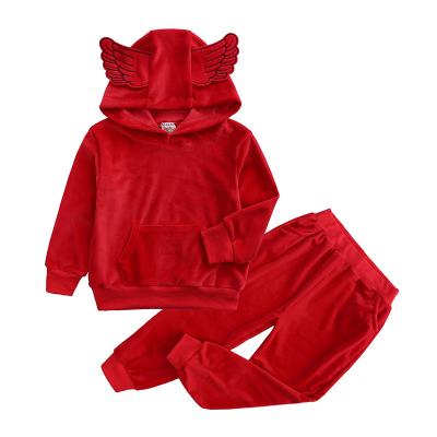 China Casual Two Piece Set Velvet Hoodie Bundler Clothes For Kids Girls With Angel Wings Hat for sale