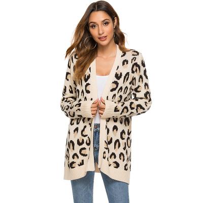 China Anti-pilling Leopard Print Acrylic Cardigan Ladies Sweaters Office Mid Length Women's Long Sweater With V-Neckline for sale