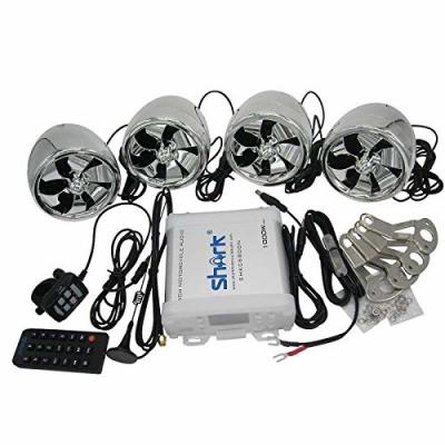 China Audio 1000 Musical Sound Shark Motorcycle 4ch W 12 V Power Amplifier Audio With FM Radio, USB, SD, Aux. in lobby and 4 pcs waterproof speakers for sale