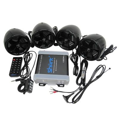 China Audio 1000 Musical Sound Shark Motorcycle 4ch W 12 V Power Amplifier Audio With FM Radio, USB, SD, Aux. in lobby and 4 pcs waterproof speakers for sale