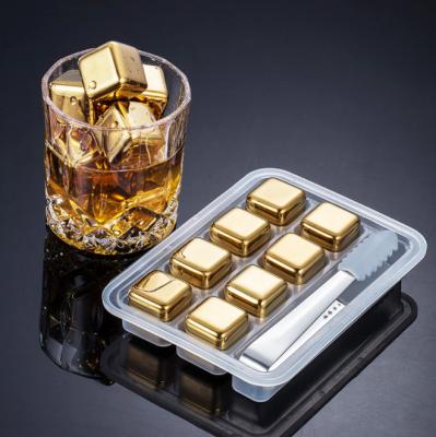 China Sustainable Factory direct gold color square reusable chilling ice cubes stainless steel whiskey stone for drinks for sale