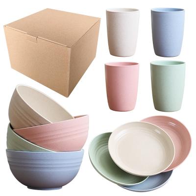 China Sustainable Amazon Hot Sale Wheat Straw Environmentally Friendly Tableware Water Cup Large Bowl Plate 12 Piece Tableware Set for sale