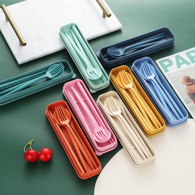 China Sustainable Eco Friendly Travel Cutlery Set Plastic Wheat Straw Knife Fork Spoon Chopsticks Tableware with Portable Box for sale