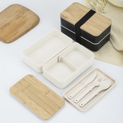 China All Kitchen Food Container Double Layers Split Wooden Bento Lunch Box With Solid Cover for sale