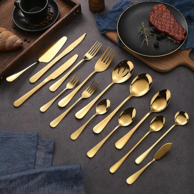 China Sustainable Stainless Steel Serving Flatware Golden Dinnerware Serving Spoon Fork Golden Fish Knife for sale