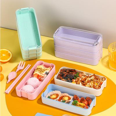 China Creative Freshness Storage Wheat Straw Three-Layer Student Outdoor Picnic Japanese Bento Box Storage Box for sale