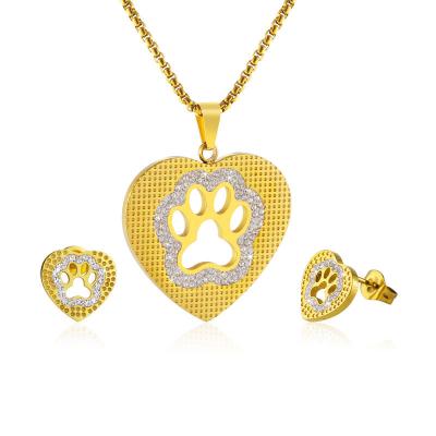 China Fashionable Elegant Female Vintage Pet Cat Dog Paw Heart Shape CZ Stone Necklace Ear Studs Jewelry Set for sale