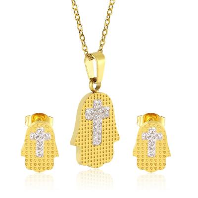 China Custom Vintage Fashion Penguin Cross Stone CZ Pendant Necklace Ear Studs OEM ODM Jewelry Set for sale