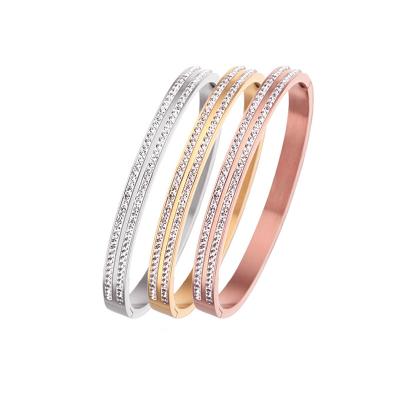 China Custom Style Trendy Thin Bangle Stainless Steel Jewelry Vintage Double Row Diamond Minimalist Slip Zircon Bracelet for sale