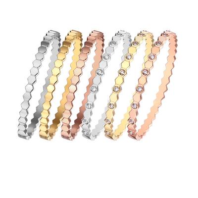 China Hot Selling Vintage Couples Zircon Bangle Stainless Steel Cuff Bracelet Honeycomb Fashion Jewelry Bracelets for sale