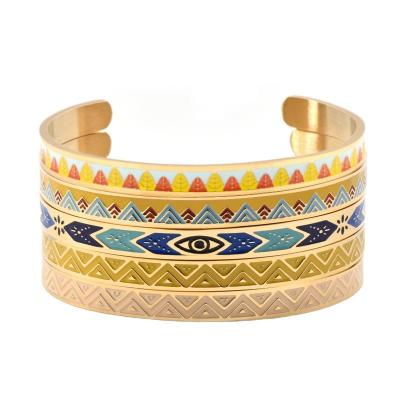 China Vintage Fashion Geometry Enamel Hill Eye Pattern Women Bangle Bohemian Gold Plated Cuff Bangle Open Jewelry for sale