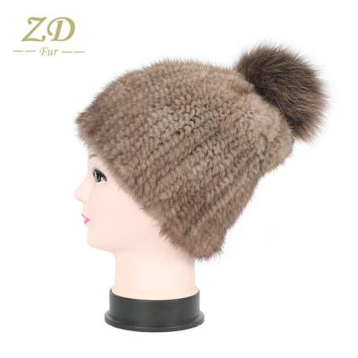 China 2018 COMMON Fashion Luxurious Winter Real Mink Fur Hats Beanie Hat Pompoms With Fox Fur Pompom For Women for sale