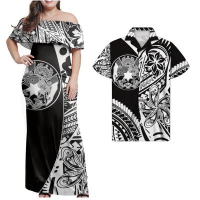 China MONTH TONGA Women's Clothing Customized Anti-Static Polynesian Tribal Print Fashion Sleeveless Dress and Men's Shirt Two Piece Set for sale