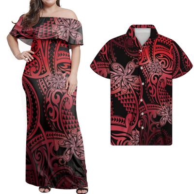 China Anti-Static Design Polynesian Women's Flower Hibiscus Flower Print Red Hibiscus Dress One-Shoulder Long Skirt and Men's Shirt Pattern On Request for sale