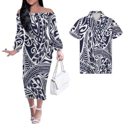 China Anti-wrinkle 2021 Newcomers Ladies Dress Polynesian Tribal Print Custom Women Couples Clothing Fashion Off The Shoulder Dress With Men's Shirt for sale