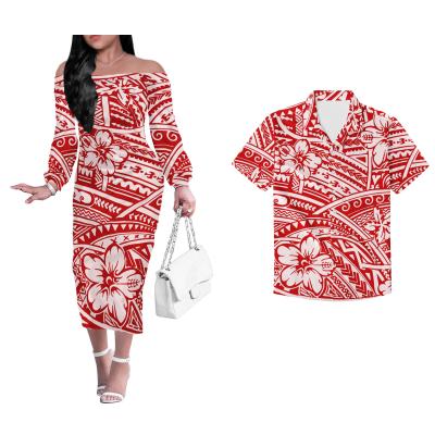 China Wholesale 2PCS Couples Polynesian Samoan Classic Suit Anti-wrinkle Design Men's Hawaiian Shirts Match Women Plus Size Bodycon Dress Dropshipping for sale