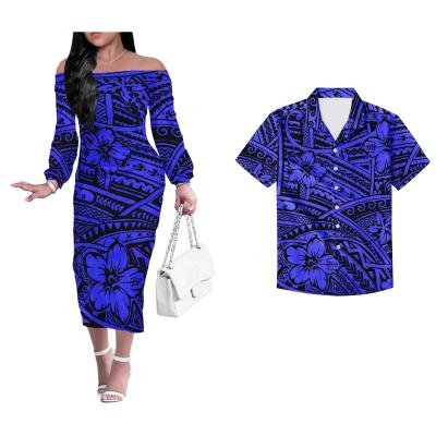 China Anti-wrinkle Polynesian Tribal Style Hibiscus Design Samoan Couples Suit Women Off Shoulder Dress Plus Size Men's Casual Shirts Custom Picture for sale