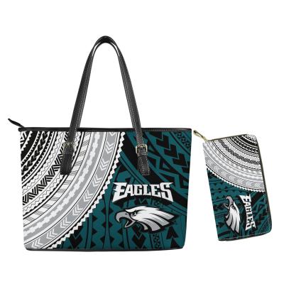 China Durable Design PU Leather Custom Handbags 2Pcs Purse Handbags Set NFL Football Team Print Tote Polynesian Style Shoulder Bags Wallet for sale