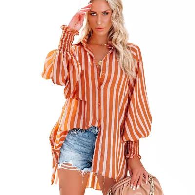 China Anti-Wrinkle 2022 New Summer Beach Vacation Sunscreen Blouse Mid Length Spring And Striped Shirt for sale