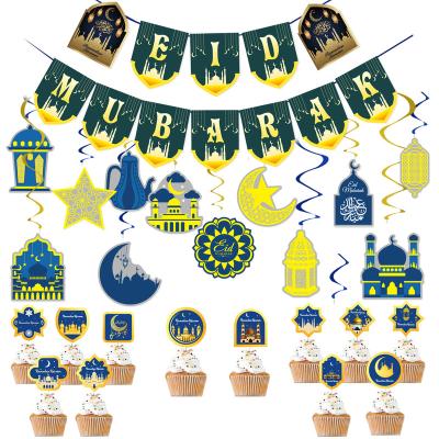 China Party Supplies Decorations Eid Mubarak Pulled Flag Banner Spiral Hanging Cake Insert Label Set Party Supplies Cutlery Kits Cupcakes Decoration for sale