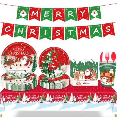 China Popular New Christmas New Year Festive & Party Supplies Paper Cups Plates Tableware Tablecloths Banner Decoration Set for sale