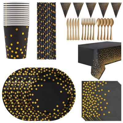 China CLASSIC Stapming Black Gold Paper Tableware Set Birthday Party Supplies Disposable Cup Plates Napkin Straw Tablecoth for sale