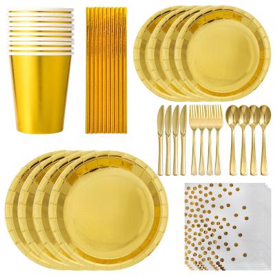 China Luxury Gold Paper Tableware Set Birthday Party Supplies Disposable Cup Plates Napkin Straw Tablecloth Cake Stand for sale