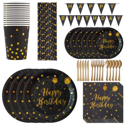 China CLASSIC Black Gold Happy Birthday Paper Tableware Set Festive & Party Supplies Disposable Cup Plates Napkin Straw Tablecoth for sale