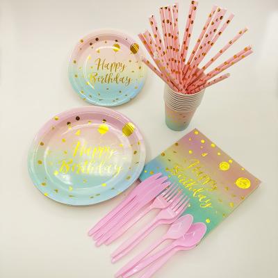 China CLASSIC Blue Pink Color Birthday Party Supplies Tableware Set Paper Cup Nakpin Plates Kit Disposable Dinnerware Home Decor for sale