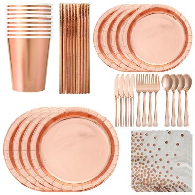 China CLASSIC Solid Rose Gold Birthday Cake Paper Tableware Set Festive & Party Supplies Picnic Knife Fork Plate Cup Disposable Cutlery for sale