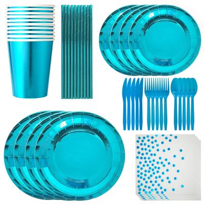 China CLASSIC Peacock Blue Paper Plate Cup Napkins Disposable Tableware Set Festive & Party Supplies Birthday Cake Cutlery for sale