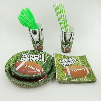 China CLASSIC Green Rugby Theme Disposable Paper Plate Cup Nakpin Tableware Set Festive & Party Supplies Brithday Cake Cutlery for sale