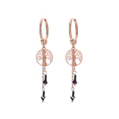 China Trendy Kpop Tree of Life Women's Black Tassel Beads Drop Earrings Stainless Steel Hoop Hole Punch Hoop Earrings for sale