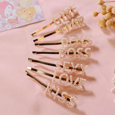 China Fashionable Central Institute of Statistics Korea Style Pearl Hair Clips Accessories Letter Pearl Hairpin Women Wedding Crystal Barrette Words Hair Clip for sale