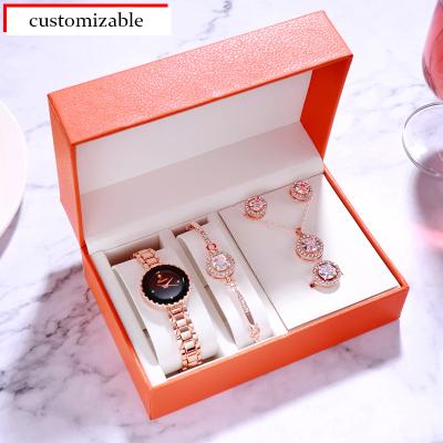 China 2021 Cute Luxury Ladies Watch Quartz Casual Wristwatch Set Crystal Bracelet Stud Earring Necklace Women Watches Set for sale