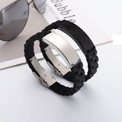 China FASHIONABLE Wholesale Plain Engraved Customized Black Stainless Steel Silicone Bracelet For Men for sale