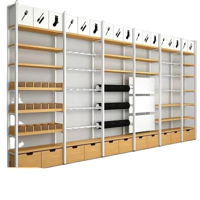 China 5 Layer Single Supermarket Wooden Supermarket Display Shelf Advertising Display Stand MINISO Side Store Shelf Supermarket Display Racks for sale