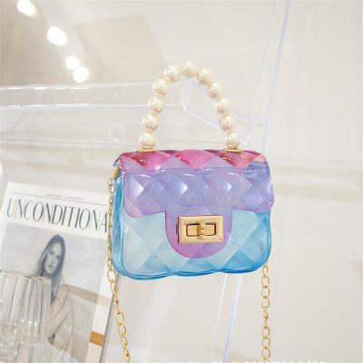 China Wholesale Fashion Rainbow Mini Clear Shoulder Handbags Beads Handle Girls Jelly Bag for sale