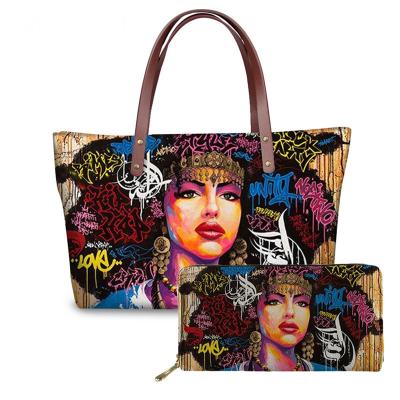 China 2021 Fashion Wholesale Custom Wholesale Fashion Art Handbags &Wallets Set Ladies Black Canvas Tote Bag for sale