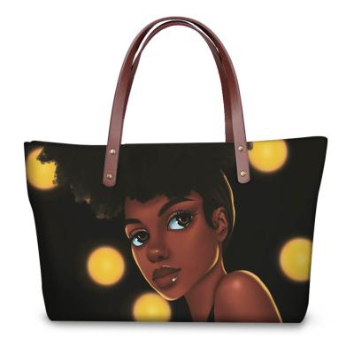 China Wholesale Personalized Fashion Design Black Art African Girl Print Ladies Mom Handbag for sale