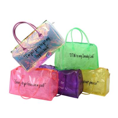 China Wholesale Fashion Custom Express Logo Holographic Colorful Girls Spend Transparent Night Bags PVC Clear Duffel Bag for sale