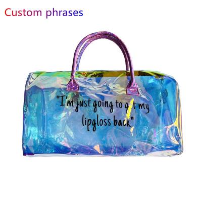 China Custom Wholesale Fashion Women Spennanight Iridescent Waterproof Overnight Hologram Spend Clear DA PVC Duffle Bag Weekend Duffel Bag for sale