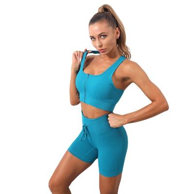 China Breathable 2022 New Yoga Clothing Set Threaded Strap Vest Seamless Knitted Fitness Sports Bra Shorts Yoga Clothes for sale